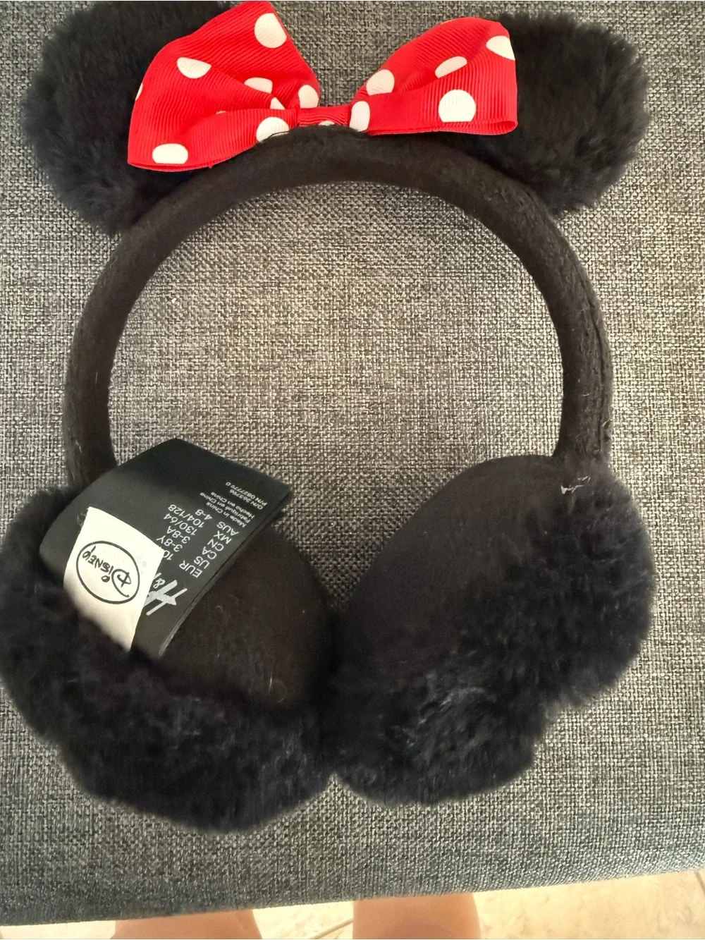 Disney Black Fuzzy Minnie Ear Muffs with Red Polka Dot Bow
